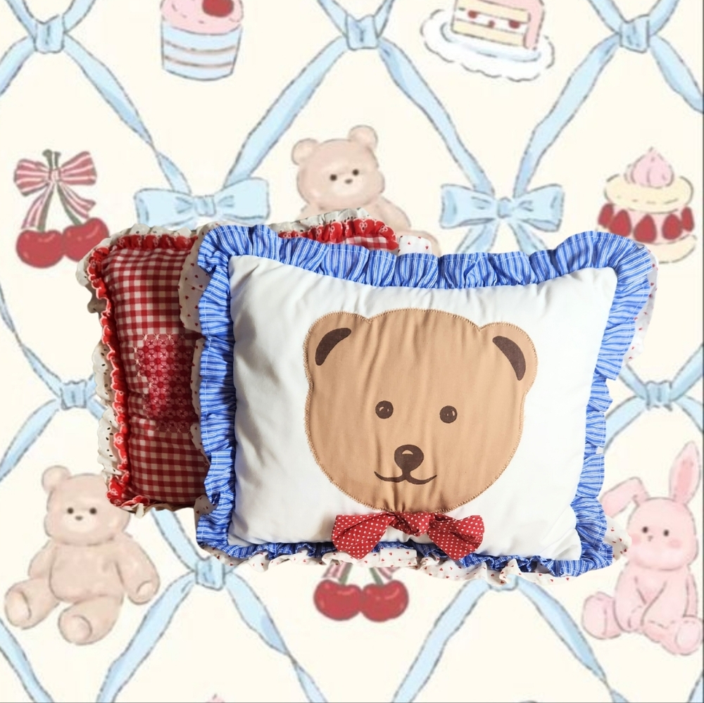 Adorable Teddy Bear Pillow & Red Gingham Pillow Set